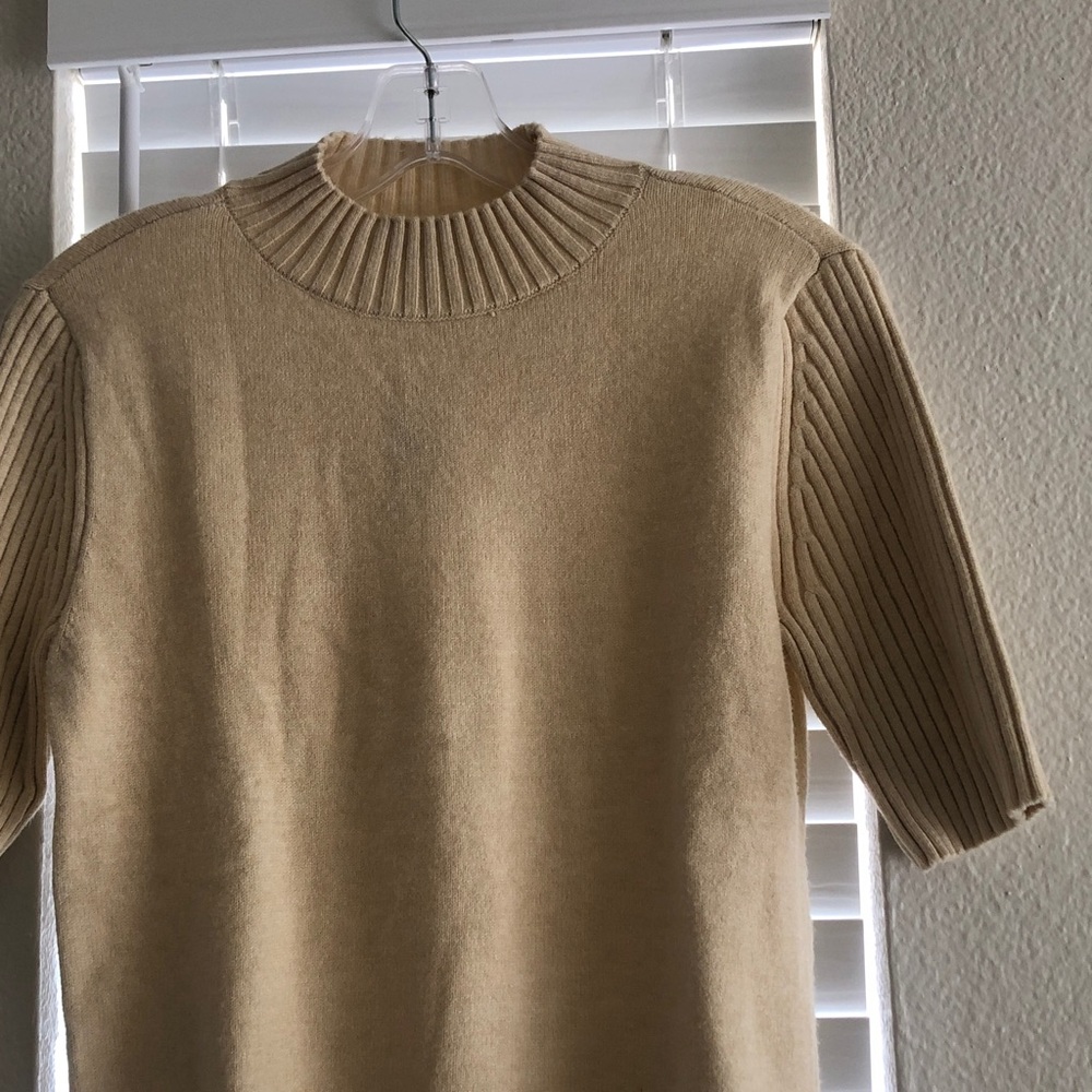 NWT NEW ANN TAYLOR Short-Sleeve Knit Mock turtleneck Sweater in Oatmeal Tan